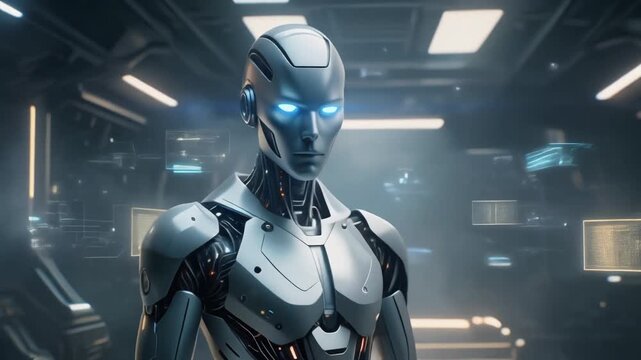 Sleek silver mobile operating system standing in a dim futuristic chamber with glowing blue eyes