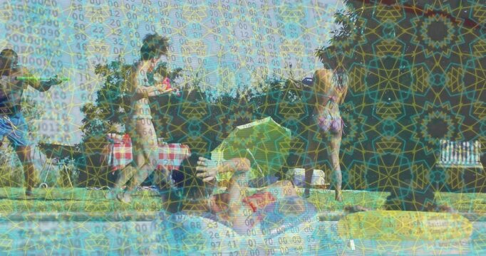 Animation overlay with colorful geometric and binary code at outdoor picnic