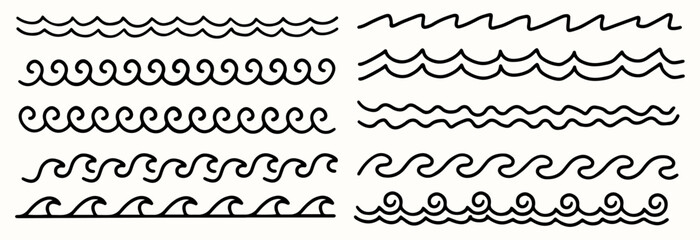 Set of hand drawn line art wave elements collection for logo, illustration, poster, branding, packaging, surf, marine, and ocean themed design
