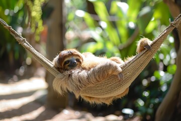 Obraz premium Happy sloth resting in hammock, enjoying the tranquility of a lush tropical jungle environment
