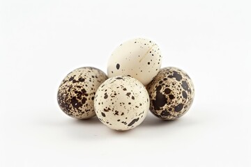 Fototapeta premium Quail eggs forming a small pyramid on a white background