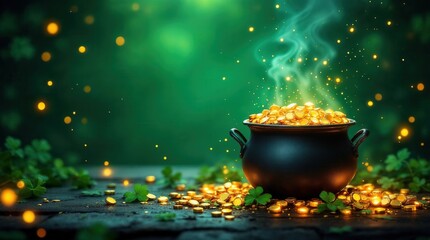 Fototapeta premium Pot of gold overflowing with golden coins and glowing green smoke. St. Patrick's Day celebration with shamrocks and magical light. Luck and wealth concept. Copy space