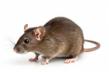 Small brown rat exploring a white background, displaying its whiskers and delicate paws