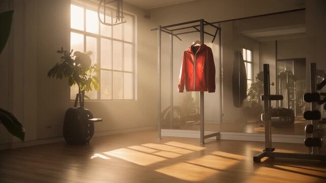 Sunlit gym corner featuring a red jacket on a metal rack near large windows and indoor plants
