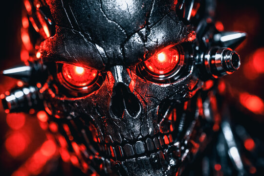Dark Futuristic Cyborg Skull with Glowing Red Eyes. Close-up of a menacing metallic endoskeleton head, representing AI, danger, apocalypse, and technology horror.