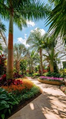 Fototapeta premium Tropical Conservatory Pathway with Lush Foliage