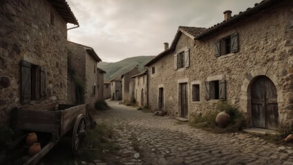Fototapeta premium Old European Village Street Scene with Stone Buildings and Cobblestone Road.