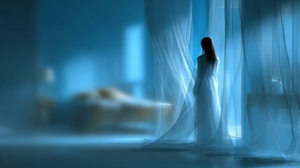Fototapeta premium At a window with drawn curtains, a woman is seated, resembling a ghost or apparition