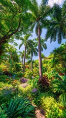 Obraz premium Lush Tropical Garden with Palm Trees and Flowers