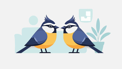 Obraz premium Two cute blue and yellow birds facing each other indoors