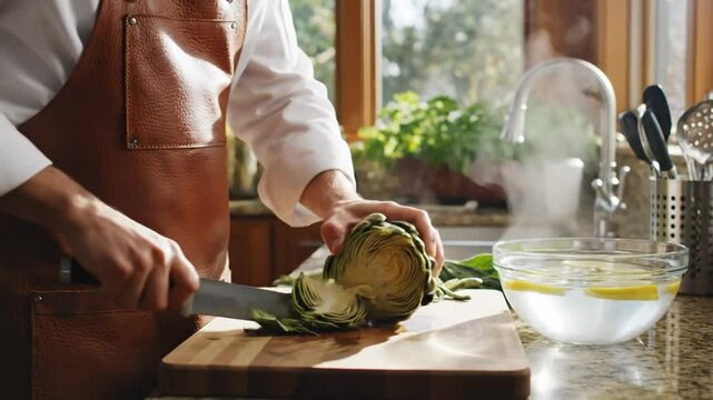 Chef carefully trimming and preparing artichoke for cooking, close-up with knife and water bowl, kitchen scene.