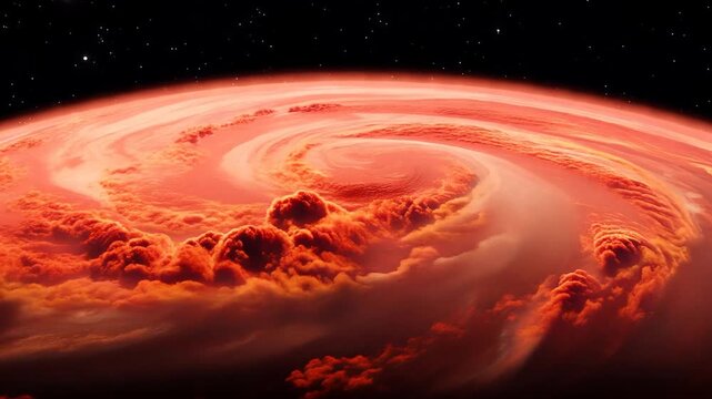 A celestial scene depicts a fiery, cloud-swirled planet with stars scattered against a black void