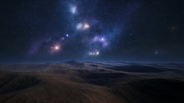A celestial scene depicts a starlit night sky above a dark, textured landscape, possible alien planet