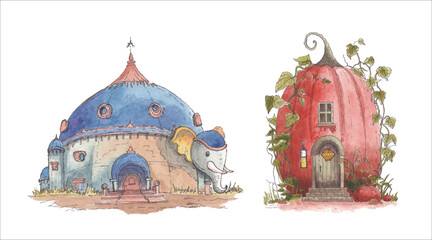 house watercolor illustration simple home style