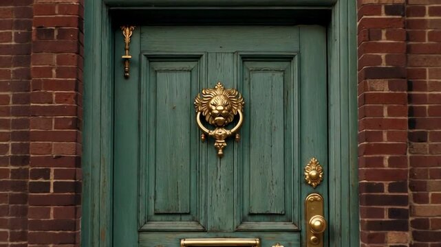 Vintage Green Doors with Lion Head Knockers Set Against Traditional Brick Walls