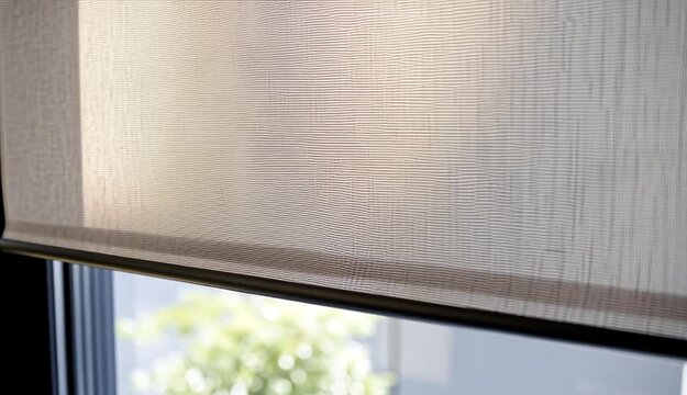 Close-up of beige roller blinds partially lowered on modern black-framed windows, natural light filtering through semi-transparent fabric shades
