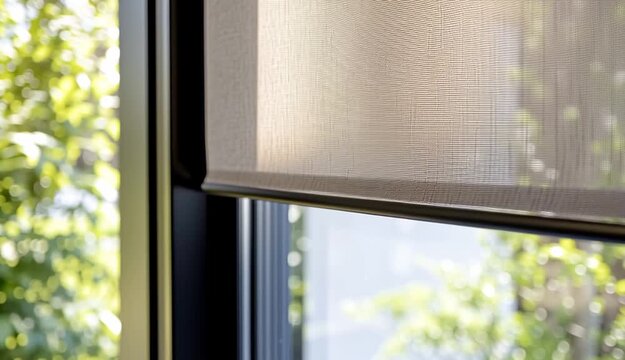 Close-up of beige roller blinds partially lowered on modern black-framed windows, natural light filtering through semi-transparent fabric shades