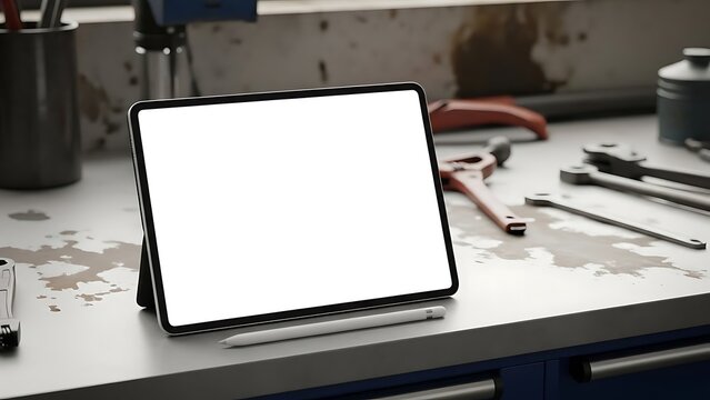Tablet on Workbench with Tools Nearby.