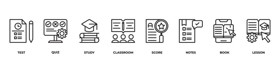 From Classroom to Quiz Icons set vector illustration outline with Test, Quiz, Study, Classroom, Score, Notes, Book, Lesson