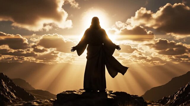 Dramatic silhouette of Jesus Christ standing atop a majestic hill peak at sunset with radiant sun rays and fluffy clouds in a cinematic spiritual atmosphere.