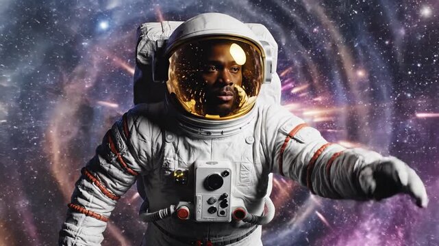 Cinematic slow motion visual of a cosmic astronaut in a futuristic spacesuit gliding through the vast outer space universe in a seamless loop for professional background video production.