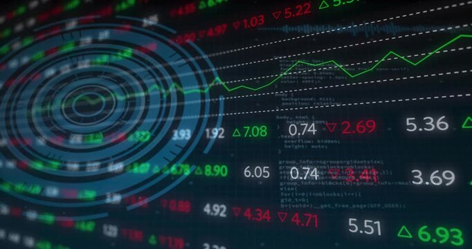 View panning, blue radial HUD pulsing, tickers updating and green line rising, showing market trend