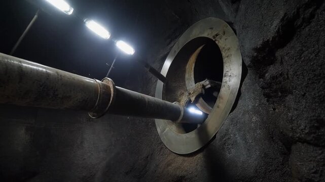 Tunnel boring machine cutting head and long pipe inside a dark mine shaft with bright overhead lights