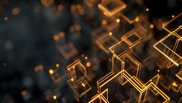 Abstract glowing geometry network connecting circuit nodes through luminous digital paths
