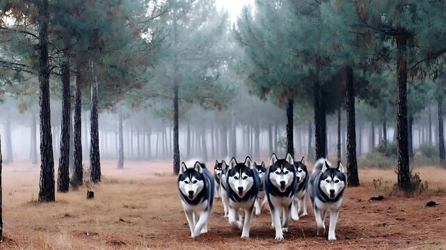 Five huskies running together through a dense foggy forest scene captured in a high-definition video from a front viewpoint