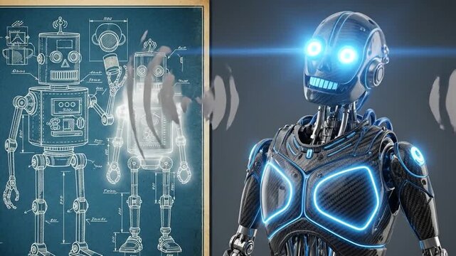 Split-Screen Comparison of Vintage Blueprint and Futuristic 3D Robots