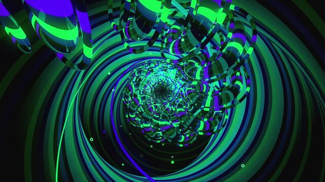 Seamless VJ loop with glowing organic tentacles spiral tunnel and psychedelic motion for high-tech club visuals, electronic music festivals, stage screens and for LED video walls