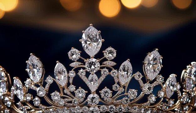 Luxury diamond tiara crown with crystal gemstones resting on dark navy blue velvet fabric, ornate bridal headpiece with marquise and teardrop cut diamonds