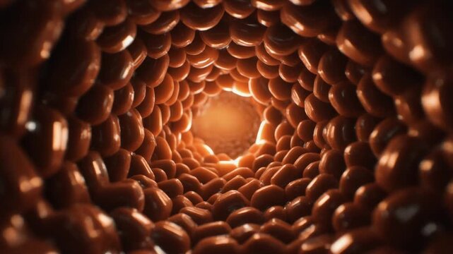 A swirling tunnel of shiny, brown objects leads to a bright, glowing center
