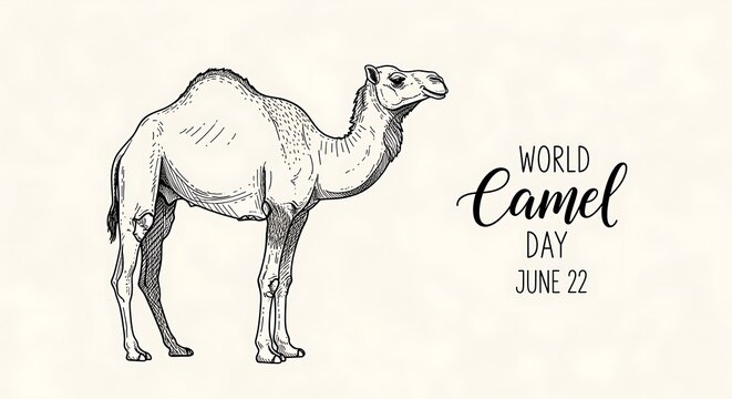 A black and white illustration of a camel standing on a beige background with world camel day text on june 22nd celebration