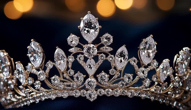 Luxury diamond tiara crown with crystal gemstones resting on dark navy blue velvet fabric, ornate bridal headpiece with marquise and teardrop cut diamonds