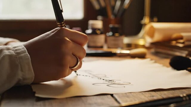Close up shot of hand writing with a fountain pen on parchment paper, calligraphy practice