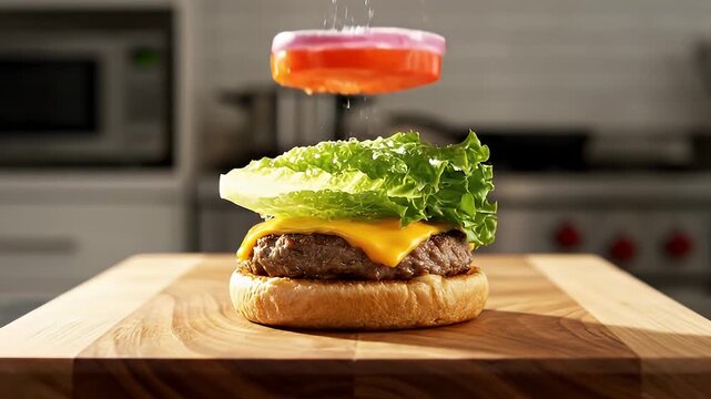Cinematic Ultra Slow Motion Exploded View of Gourmet Cheeseburger Ingredients Floating and Stacking Perfectly on Wooden Board in Sunlit Commercial Kitchen
