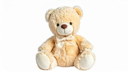 Obraz premium Cute Teddy Bear Sitting Upright on White Backdrop for Children's Product or Gift Concept Stock Photography.