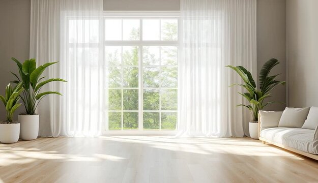 Bright minimalist Scandinavian living room, large French windows with white sheer curtains and heavy drapes, natural sunlight streaming through creating soft shadows on light wood floor
