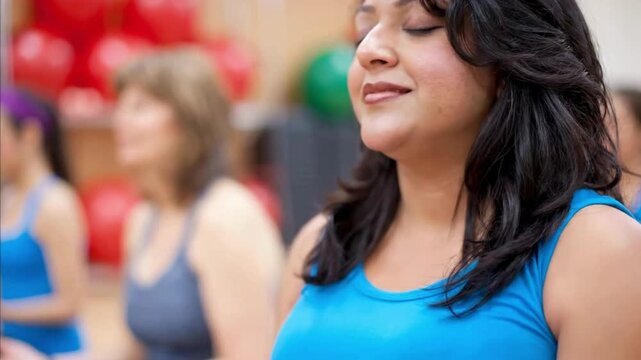 Woman Smiling with Eyes Closed in Fitness Class &ndash; Joyful Movement, Emotional Wellbeing & Inclusive Exercise
