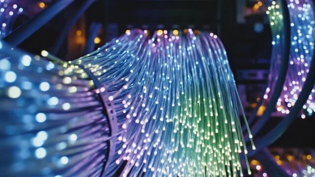 Cinematic macro shot of glowing fiber optic cable transmitting digital data in high speed, luminous abstract networking background with vibrant light streak and futuristic technology vibe.