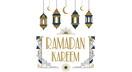 Ramadan Kareem greeting with traditional lanterns and crescent moons.