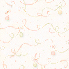 pastel watercolor Easter ribbon pattern with hanging painted eggs, bows, and soft confetti dots on a light textured background. Delicate spring design perfect for wrapping paper, textiles, stationery