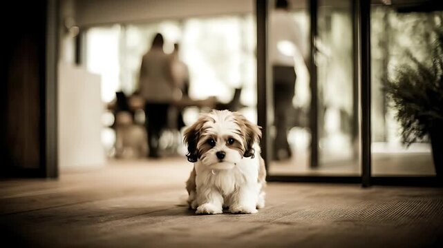A small dog sitting on a wooden floor inside a modern building with people in the background