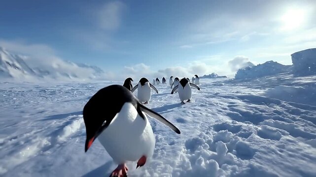 Penguins waddling on snowy terrain towards icy mountains under clear blue sky