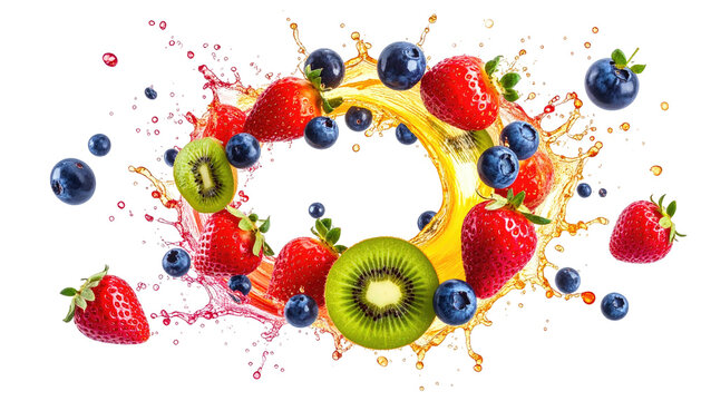 A vibrant splash of assorted fruits, featuring strawberries, blueberries, and kiwi slices, exploding with juice