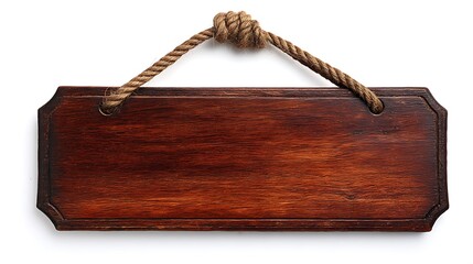 A wooden sign with a rope hanging from it on a white background.