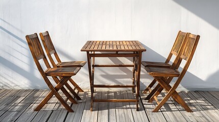 A wooden table and four chairs on a deck in front of a white wall.