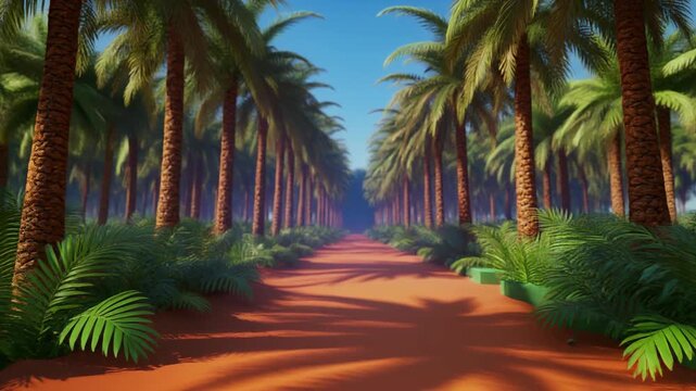 A straight, sandy path with rows of palm trees on either side leads into the distance. Lush green plants line the path's edge