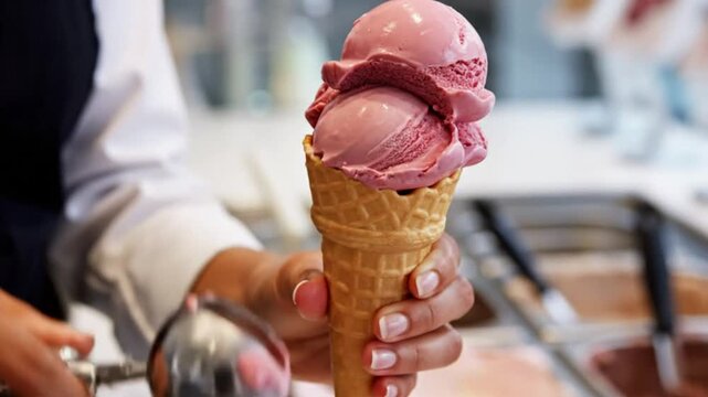 Close up view of hands scooping delicious pink ice cream into a waffle cone for a sweet treat